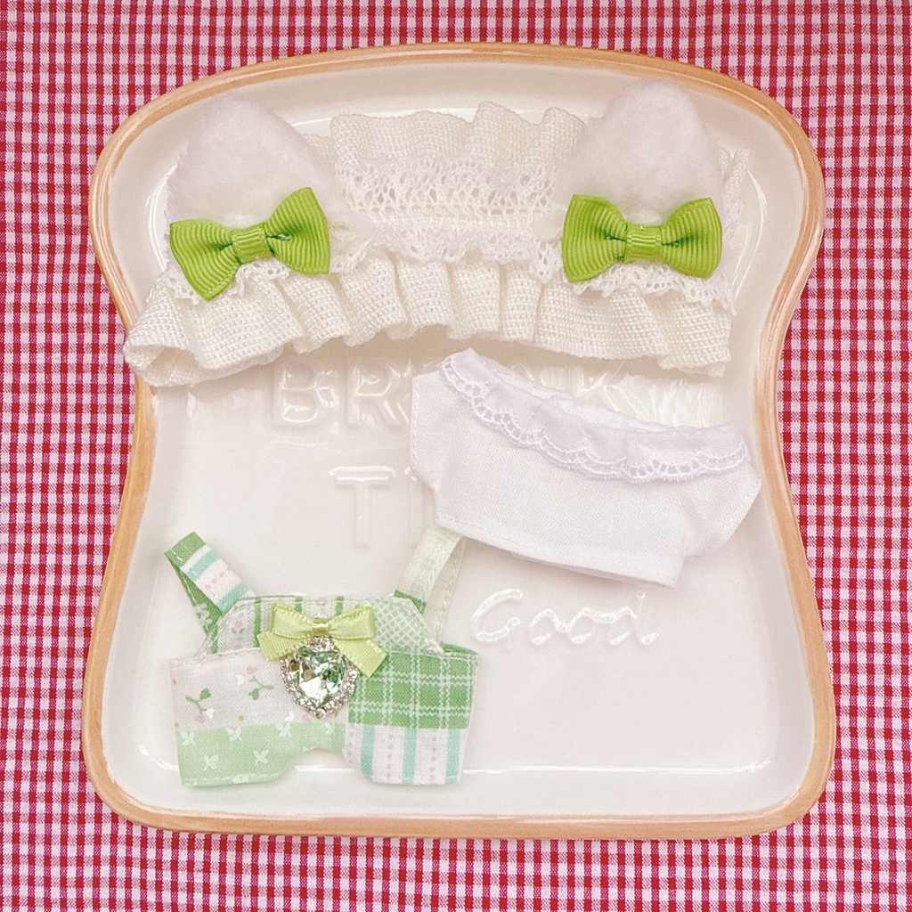 ちびぐるみサイズ☆ライトグリーンパッチワーク柄♡3点set☆ぬい服