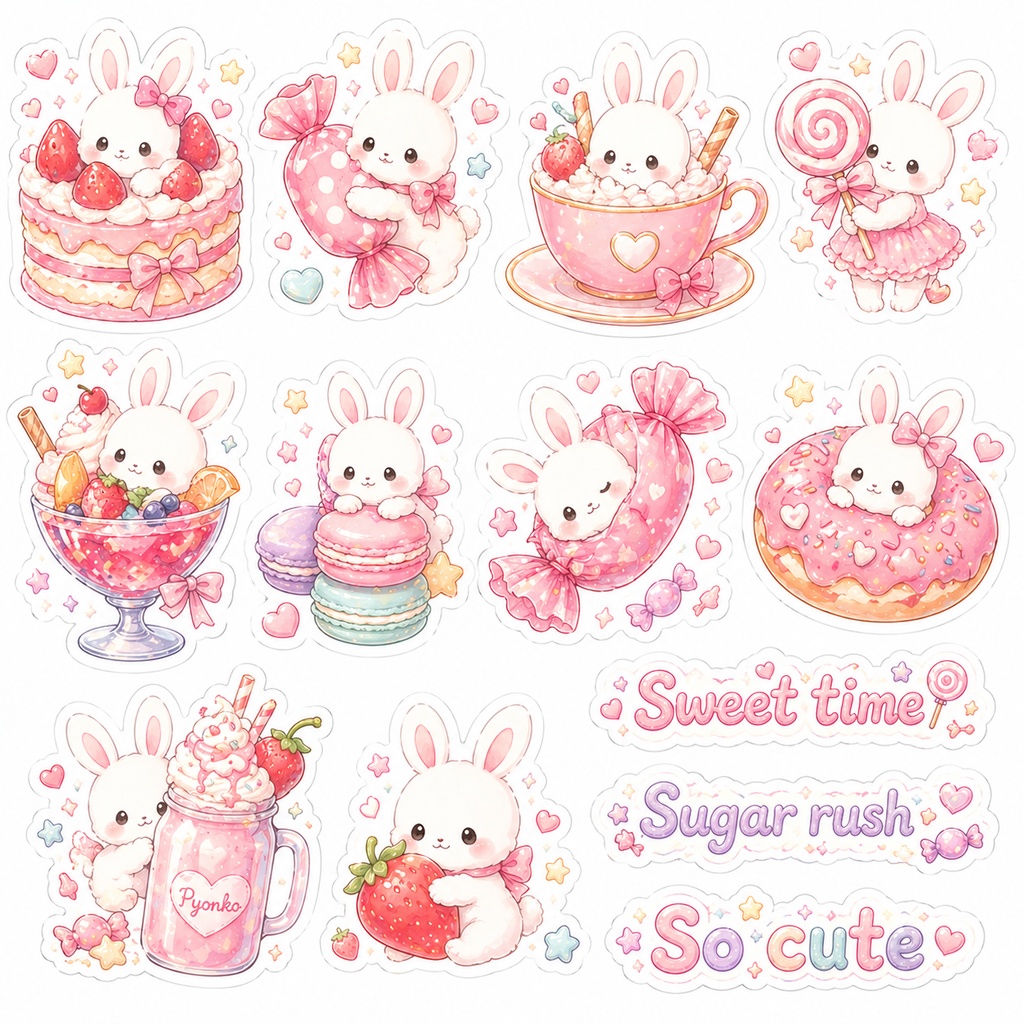 Pyonko かわいいスイーツデジタルステッカー5点セット（ZIP＋PDF／高画質）