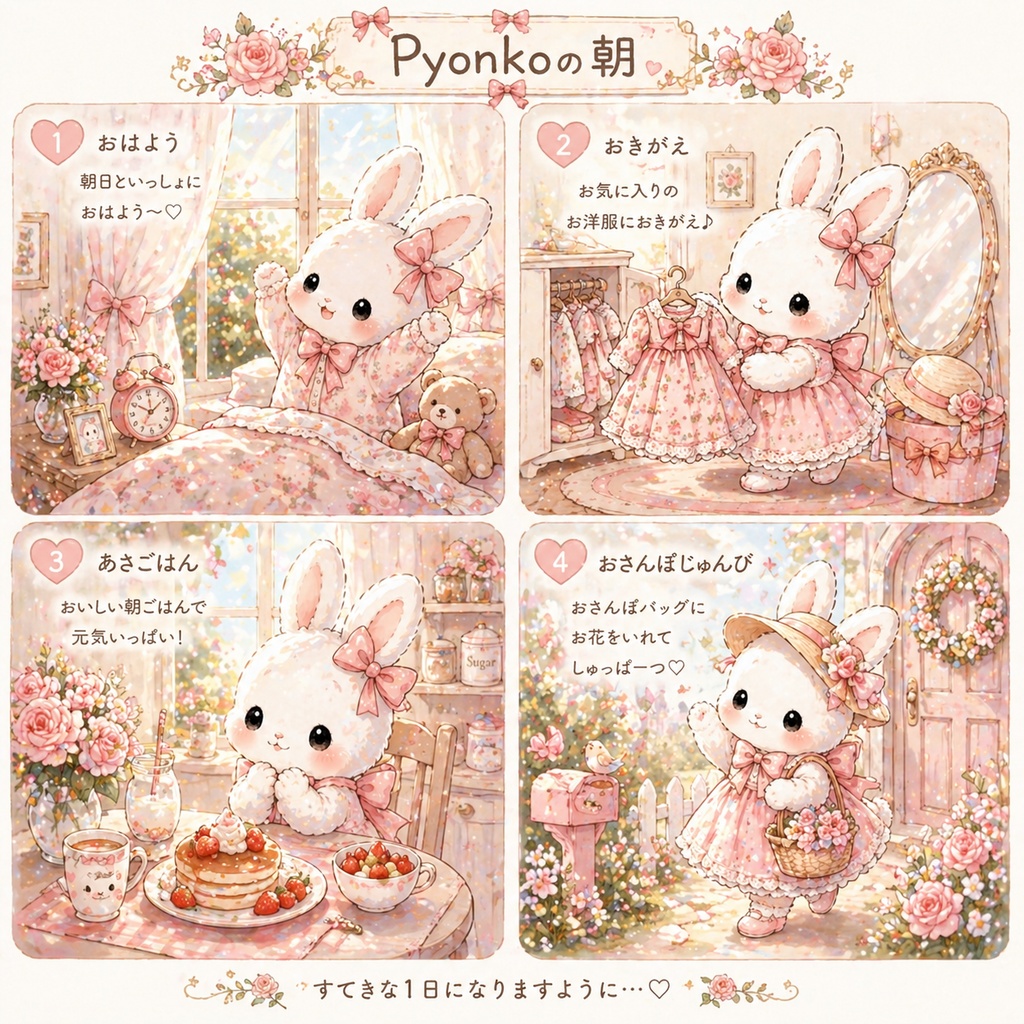 Pyonkoの朝☀️｜大人可愛い4コマデジタルステッカー（透過PNG）