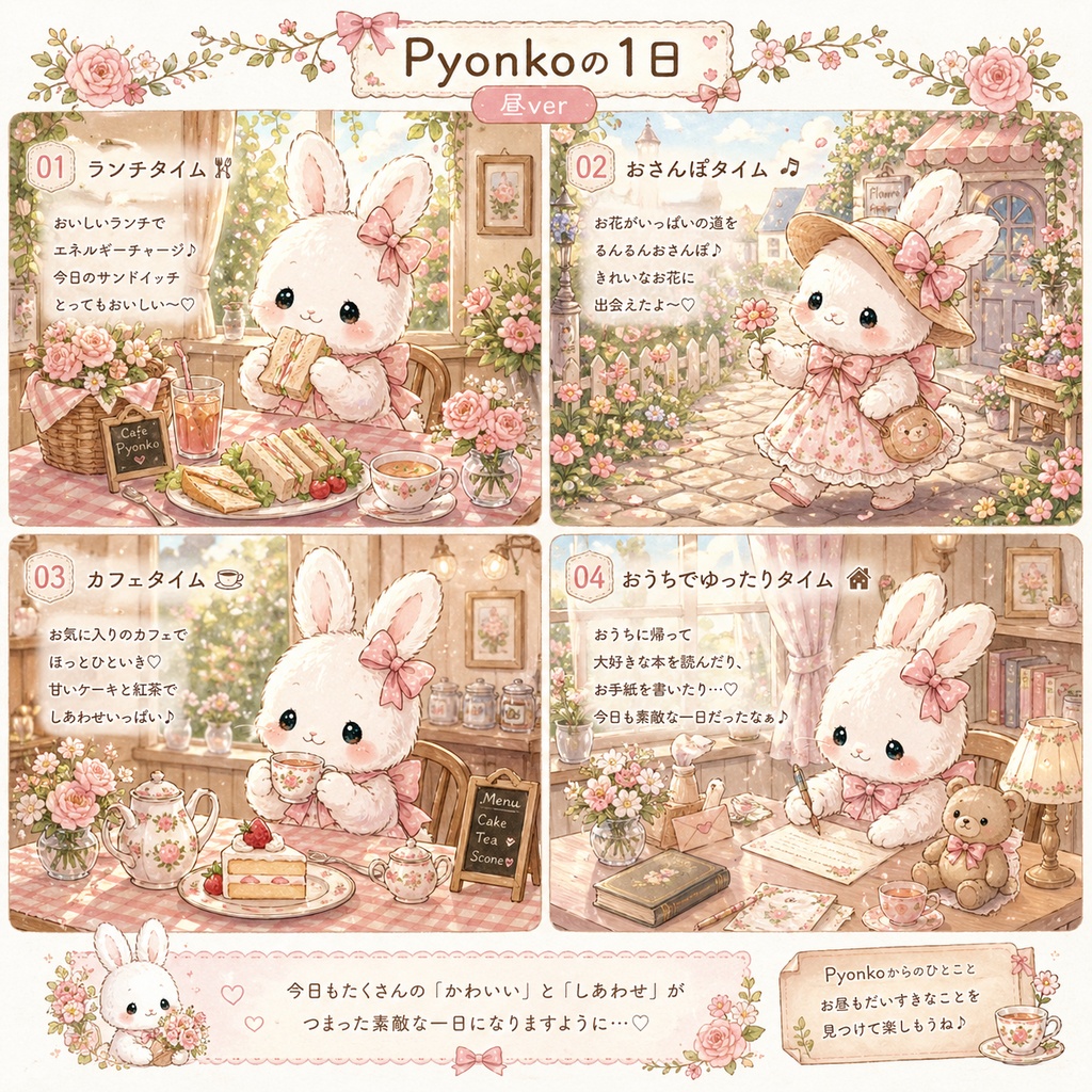 Pyonkoの昼☕｜大人可愛い4コマデジタルステッカー（透過PNG＋PDF付き）