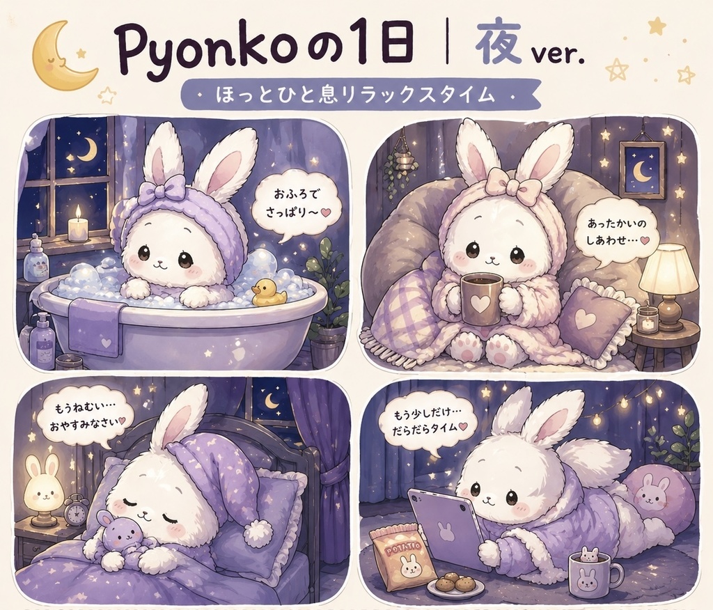 Pyonkoの1日｜夜ver.4コマデジタルステッカー（ZIP＆PDF両対応）やさしい夜のごほうび時間