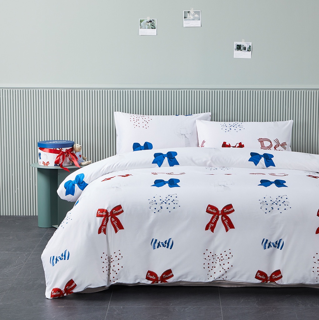 【Rose Cutie x Etoile et Griotte】Rose Cutie Ribbon布団カバー4点セット(レッドxブルー)