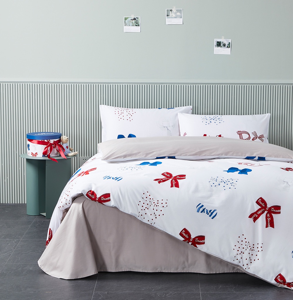 【Rose Cutie x Etoile et Griotte】Rose Cutie Ribbon布団カバー4点セット(レッドxブルー)