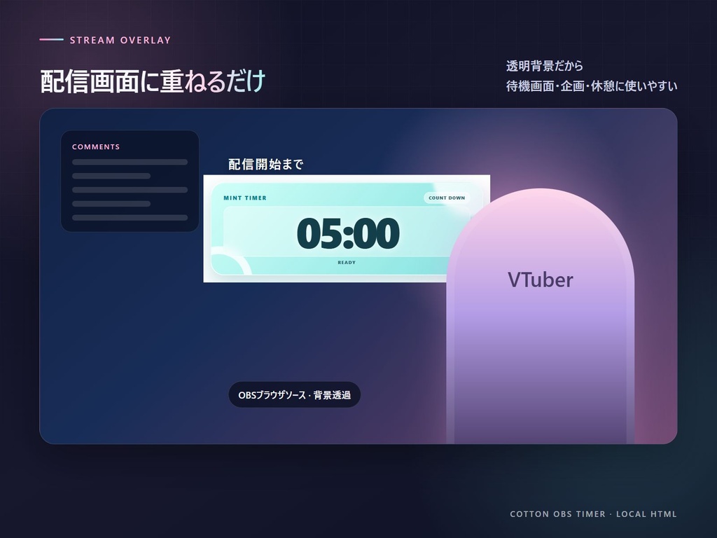 【無料】OBS配信タイマー|VTuber・配信者向け カウントダウン・カウントアップ対応