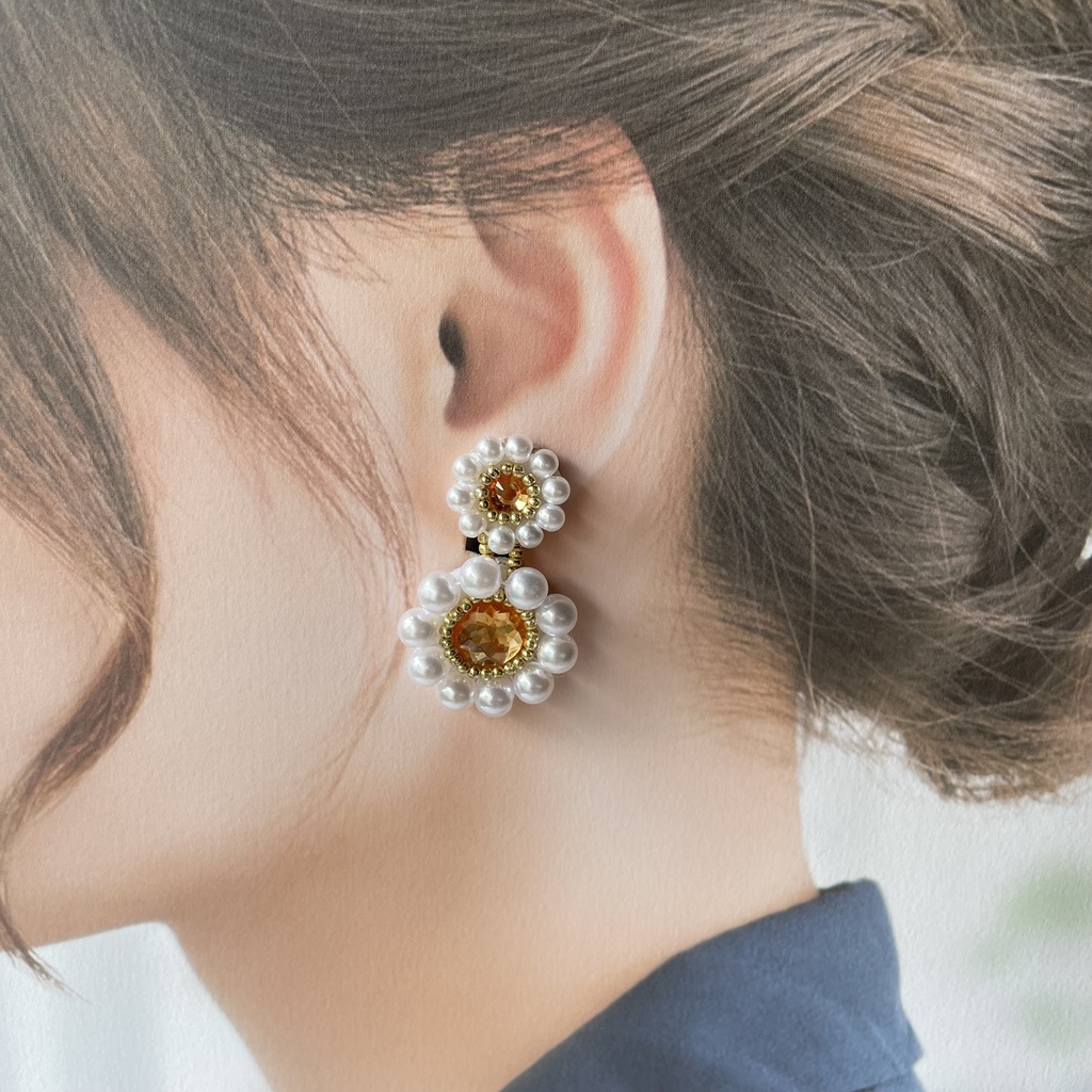 004 匿名配送 ハンドメイド イヤリング ビーズ刺繍 パール お花 オレンジ 推し活 推し色