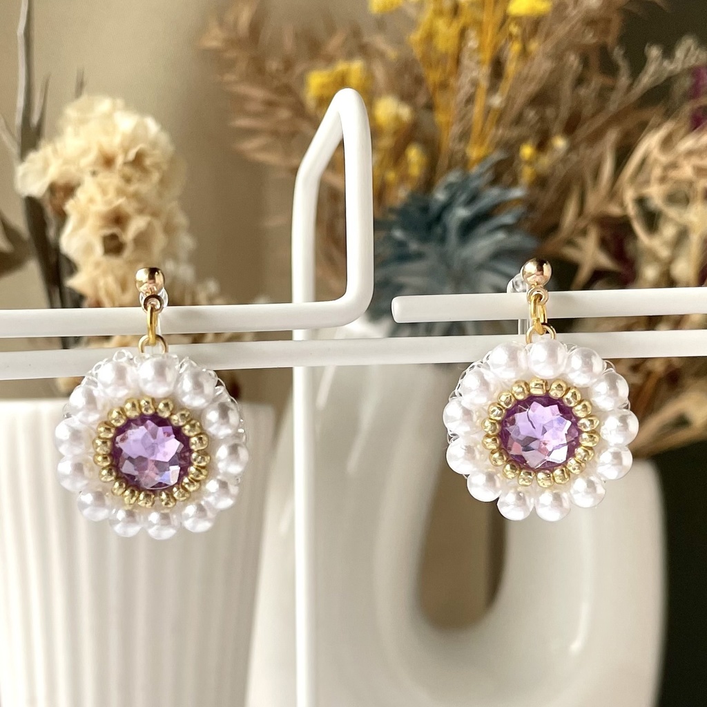 027 匿名配送 ハンドメイド ビーズ刺繍 ノンホールピアス 推し活 推し色 紫