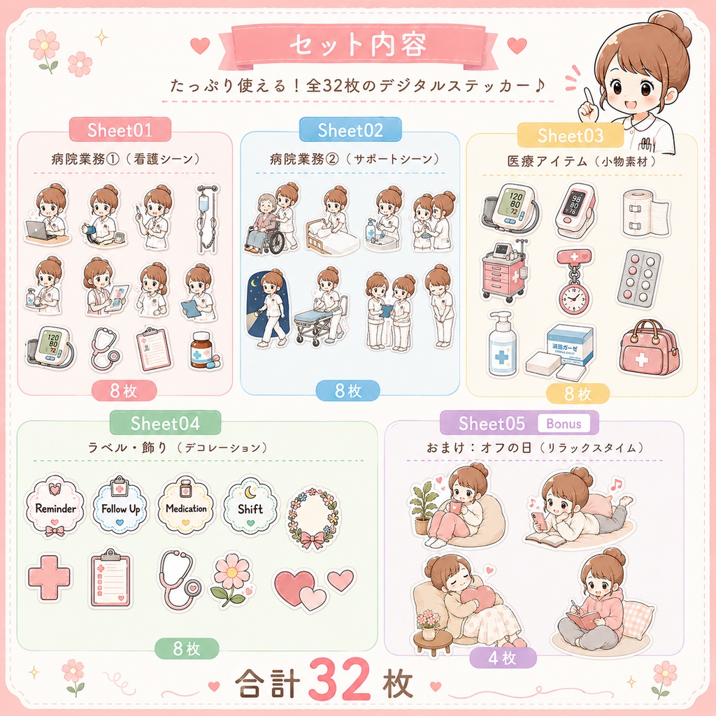 看護師デジタルステッカーセット③|全32枚+4枚|GoodNotes・Notability対応
