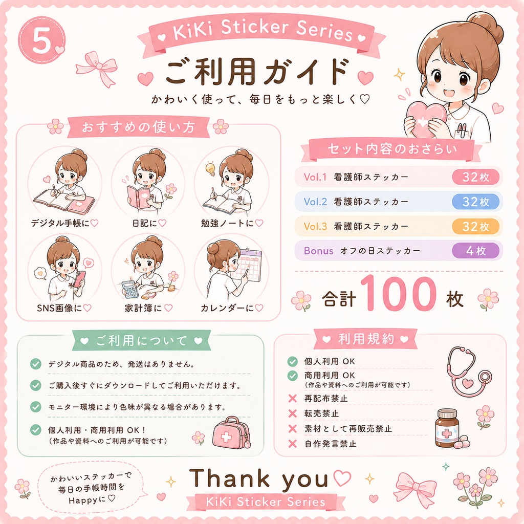 看護師デジタルステッカー Complete Set|100枚セット|PNG背景透過|GoodNotes対応|デジタル手帳・看護ノート素材