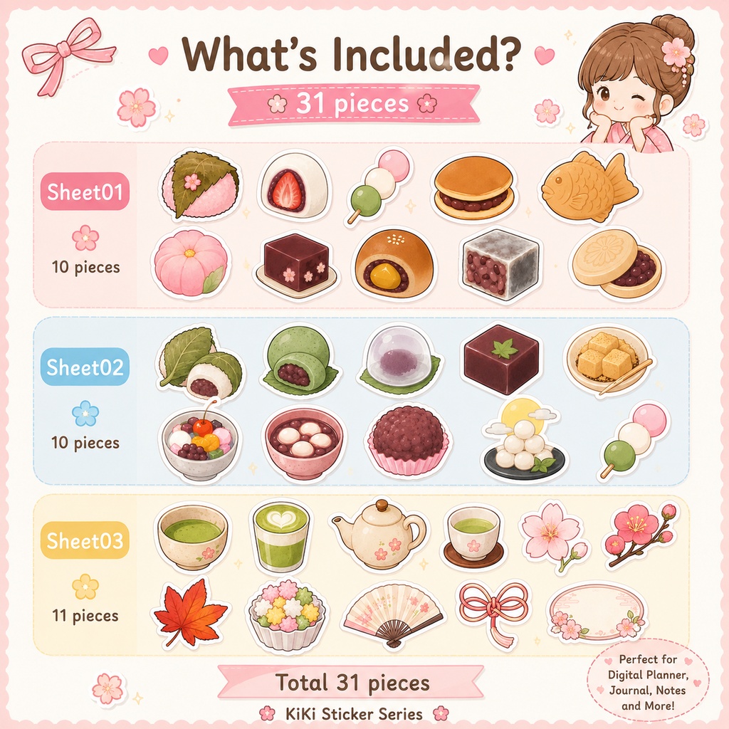 かわいい日本の和菓子デジタルステッカー31枚|PNG素材|GoodNotes・Notability・Noteshelf対応|デジタル手帳