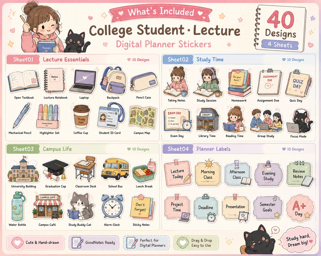 College Student Lecture デジタルプランナーステッカー 40種類|GoodNotes対応|大学・勉強・講義スケジュール