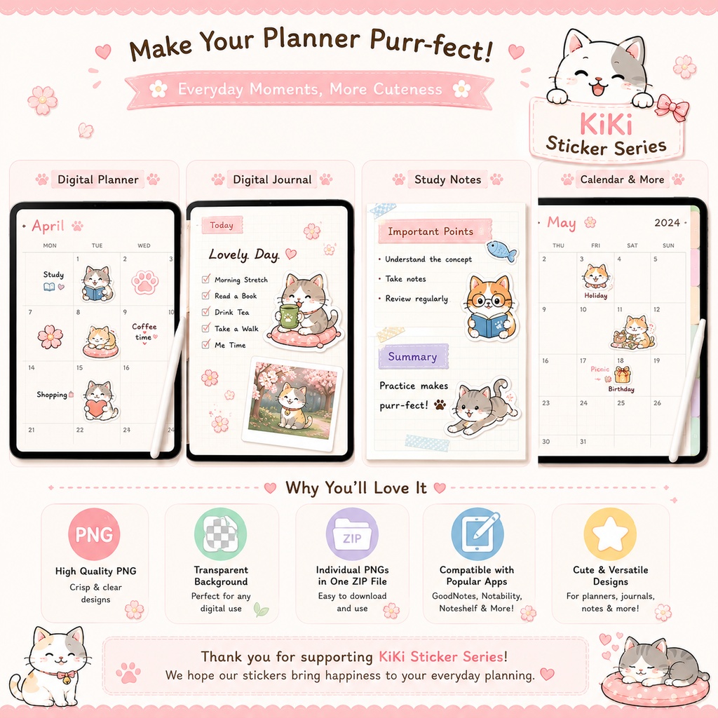 かわいい猫デジタルステッカー40枚|日本風ねこイラスト|GoodNotes・Notability・Noteshelf対応PNGステッカー