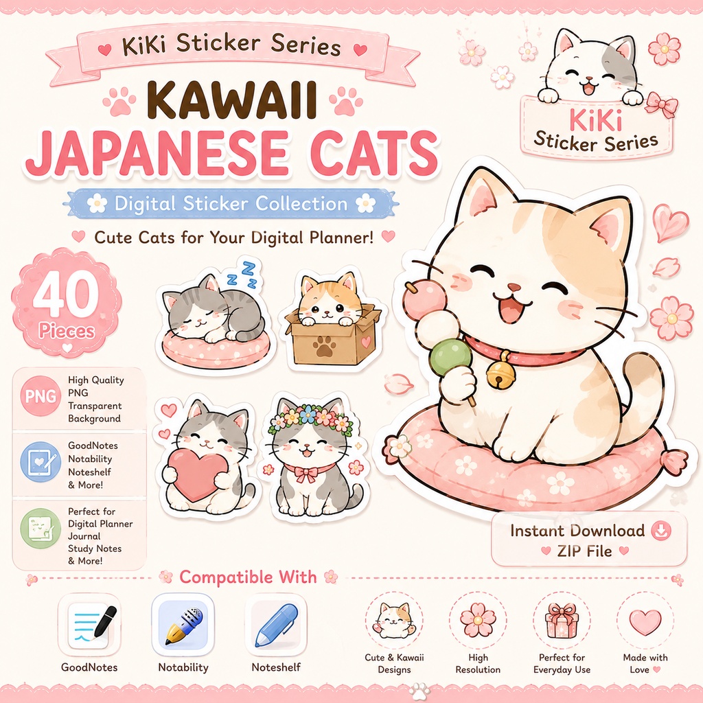 かわいい猫デジタルステッカー40枚|日本風ねこイラスト|GoodNotes・Notability・Noteshelf対応PNGステッカー