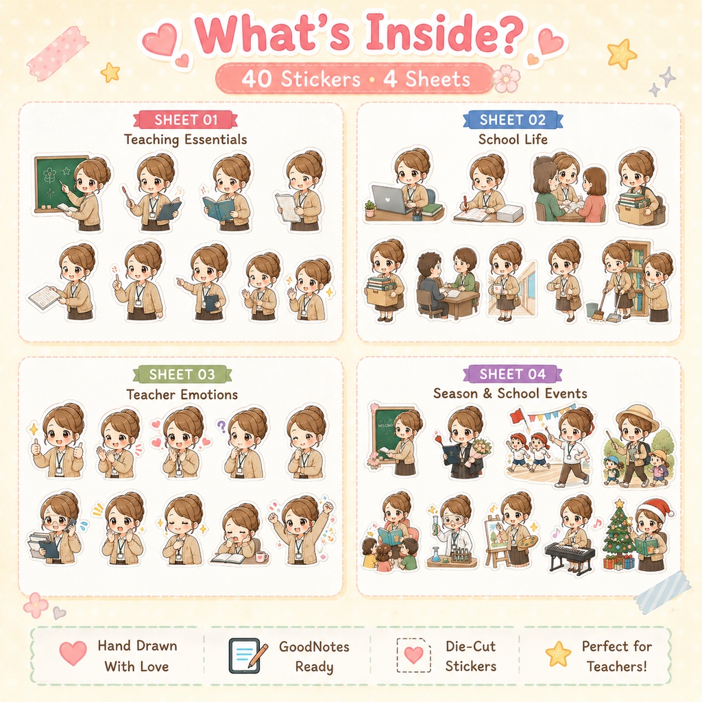 Teacher Digital Planner Stickers|先生のデジタルステッカー40枚|GoodNotes対応 PNG素材