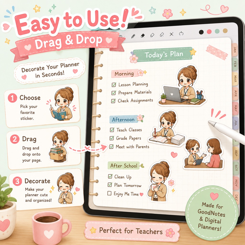 Teacher Digital Planner Stickers|先生のデジタルステッカー40枚|GoodNotes対応 PNG素材