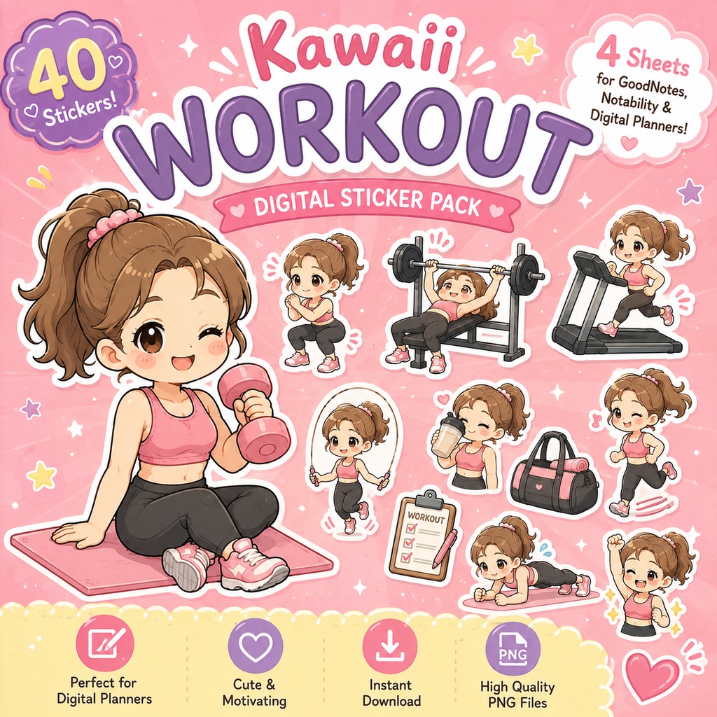 かわいい筋トレデジタルステッカー40枚セット｜GoodNotes・デジタルプランナー対応PNG素材