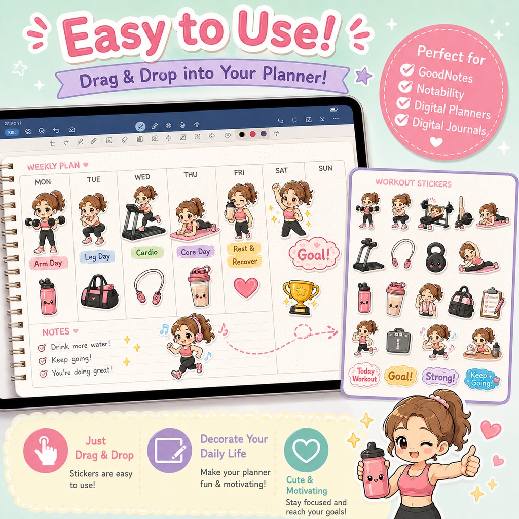かわいい筋トレデジタルステッカー40枚セット|GoodNotes・デジタルプランナー対応PNG素材