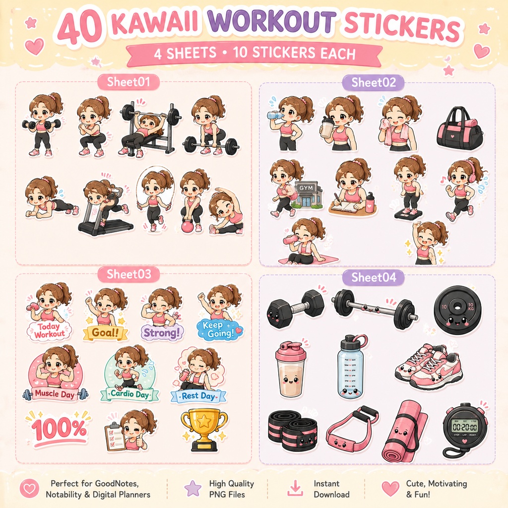 かわいい筋トレデジタルステッカー40枚セット|GoodNotes・デジタルプランナー対応PNG素材