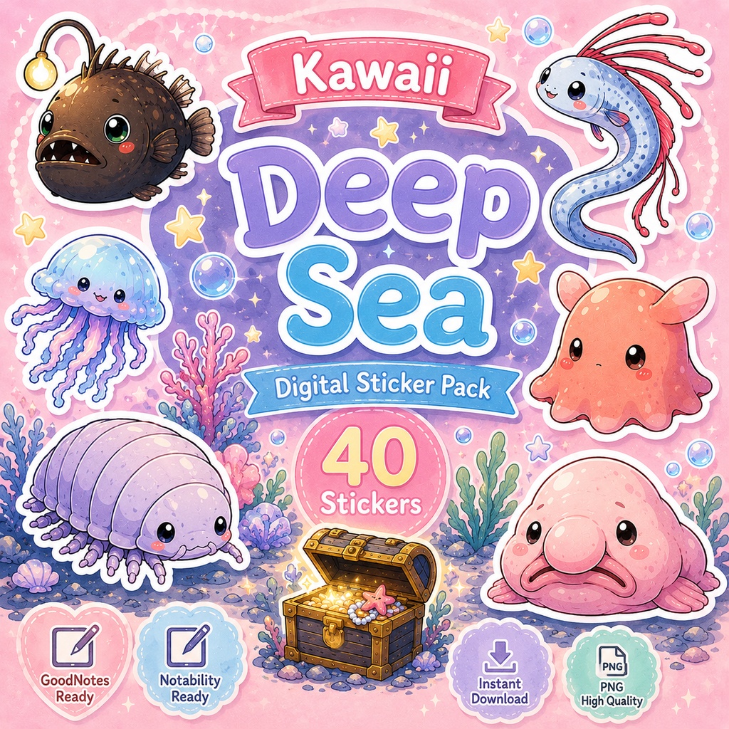 かわいい深海魚デジタルステッカー40枚セット｜GoodNotes・デジタルプランナー対応PNG素材