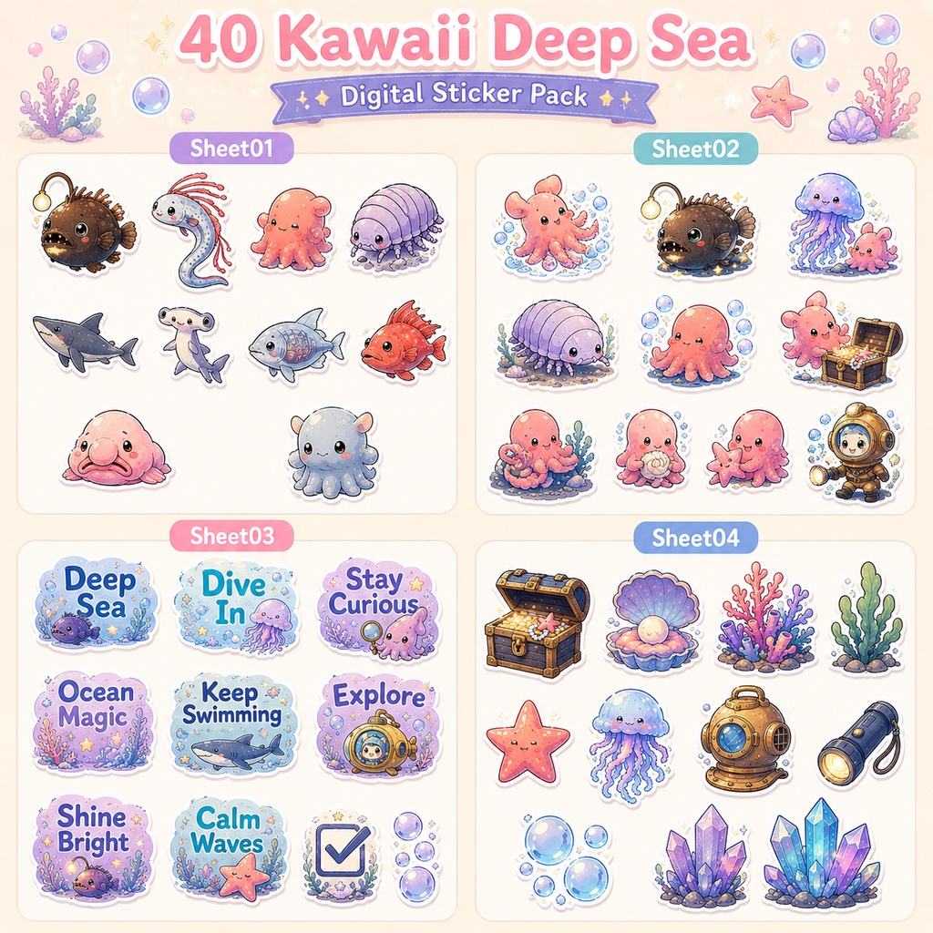かわいい深海魚デジタルステッカー40枚セット|GoodNotes・デジタルプランナー対応PNG素材