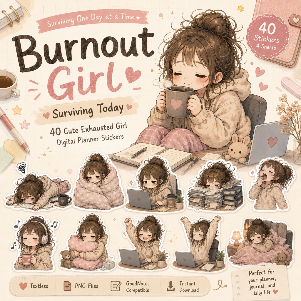 HP1で生きてる女の子 今日を乗り切る女の子 デジタルステッカー40枚 GoodNotes対応 PNG 手帳デコ