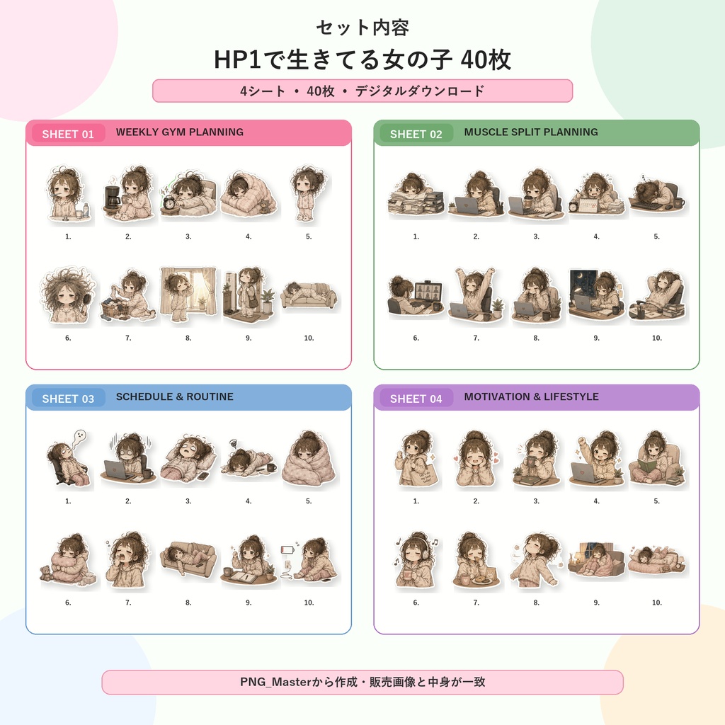 HP1で生きてる女の子 今日を乗り切る女の子 デジタルステッカー40枚 GoodNotes対応 PNG 手帳デコ