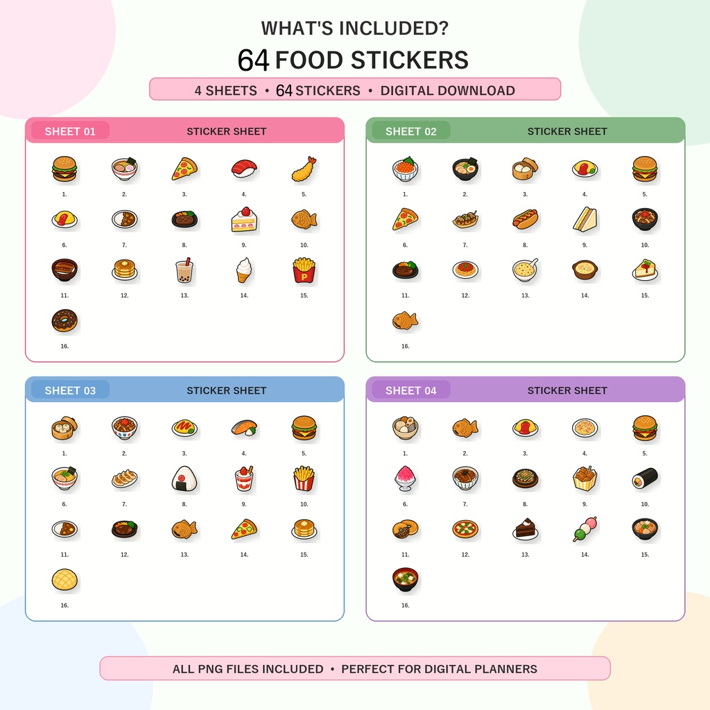 かわいい食べ物デジタルステッカー|GoodNotes・Notability対応|ハンバーガー・ラーメン・スイーツ・和食PNG素材