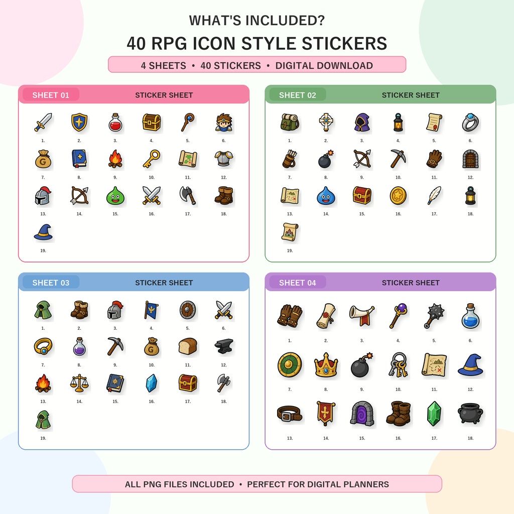 RPGアイコン風デジタルステッカー|ファンタジーゲーム素材|GoodNotes・Notability対応 PNGダウンロード