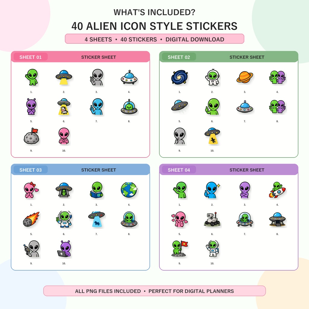 Alien Icon Style 宇宙人デジタルステッカー|かわいいUFO・宇宙アイコン|GoodNotes・Notability対応 PNG素材
