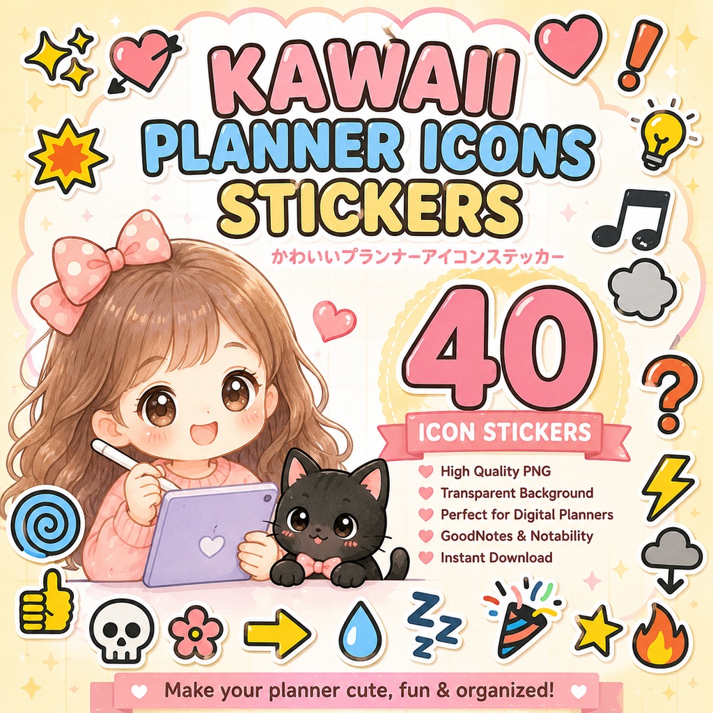 かわいいプランナーアイコンステッカー40個｜GoodNotes・Notability対応 デジタルステッカー PNG素材