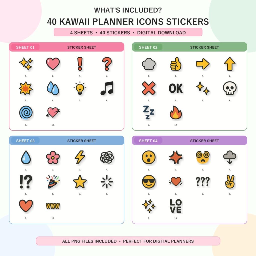 かわいいプランナーアイコンステッカー40個|GoodNotes・Notability対応 デジタルステッカー PNG素材