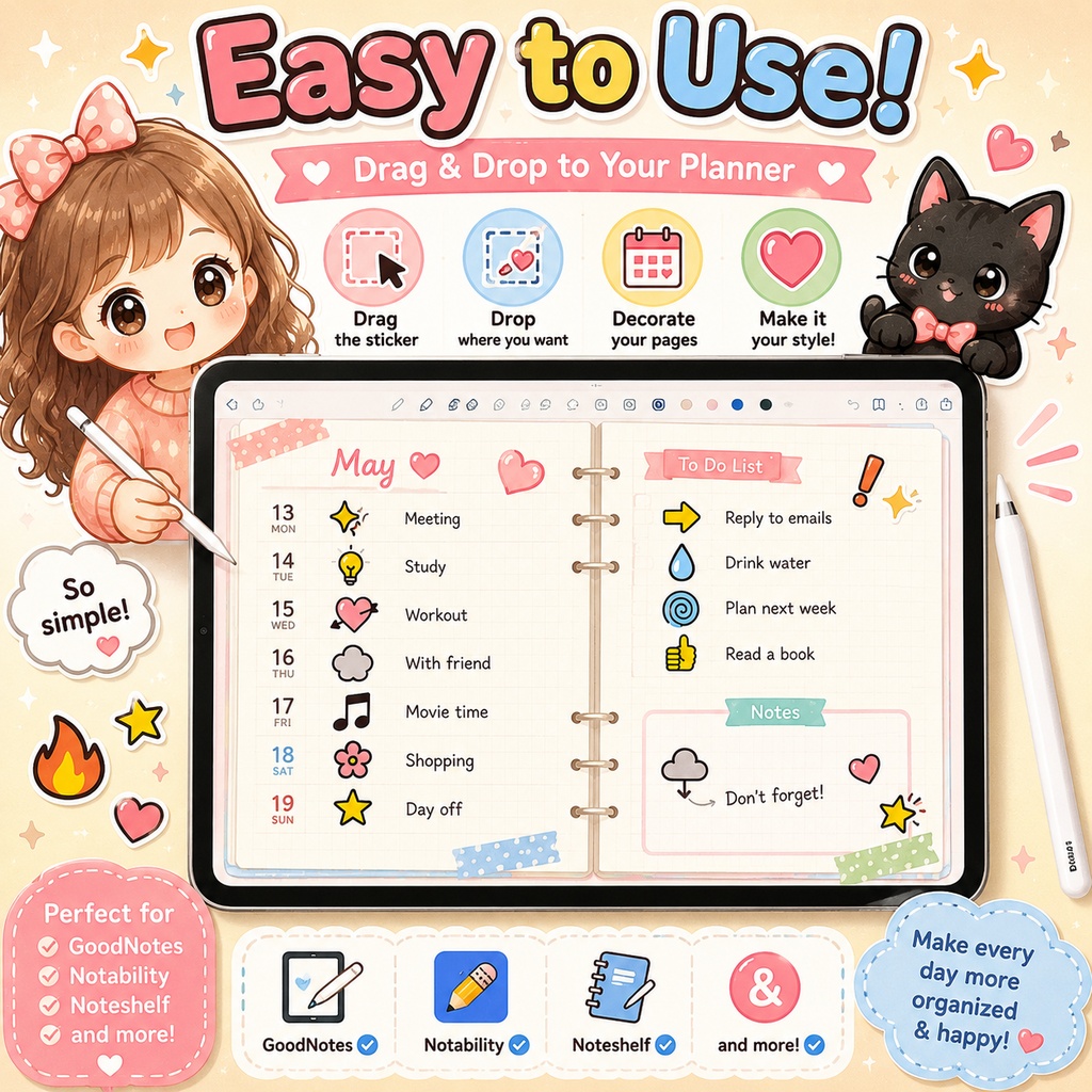 かわいいプランナーアイコンステッカー40個|GoodNotes・Notability対応 デジタルステッカー PNG素材