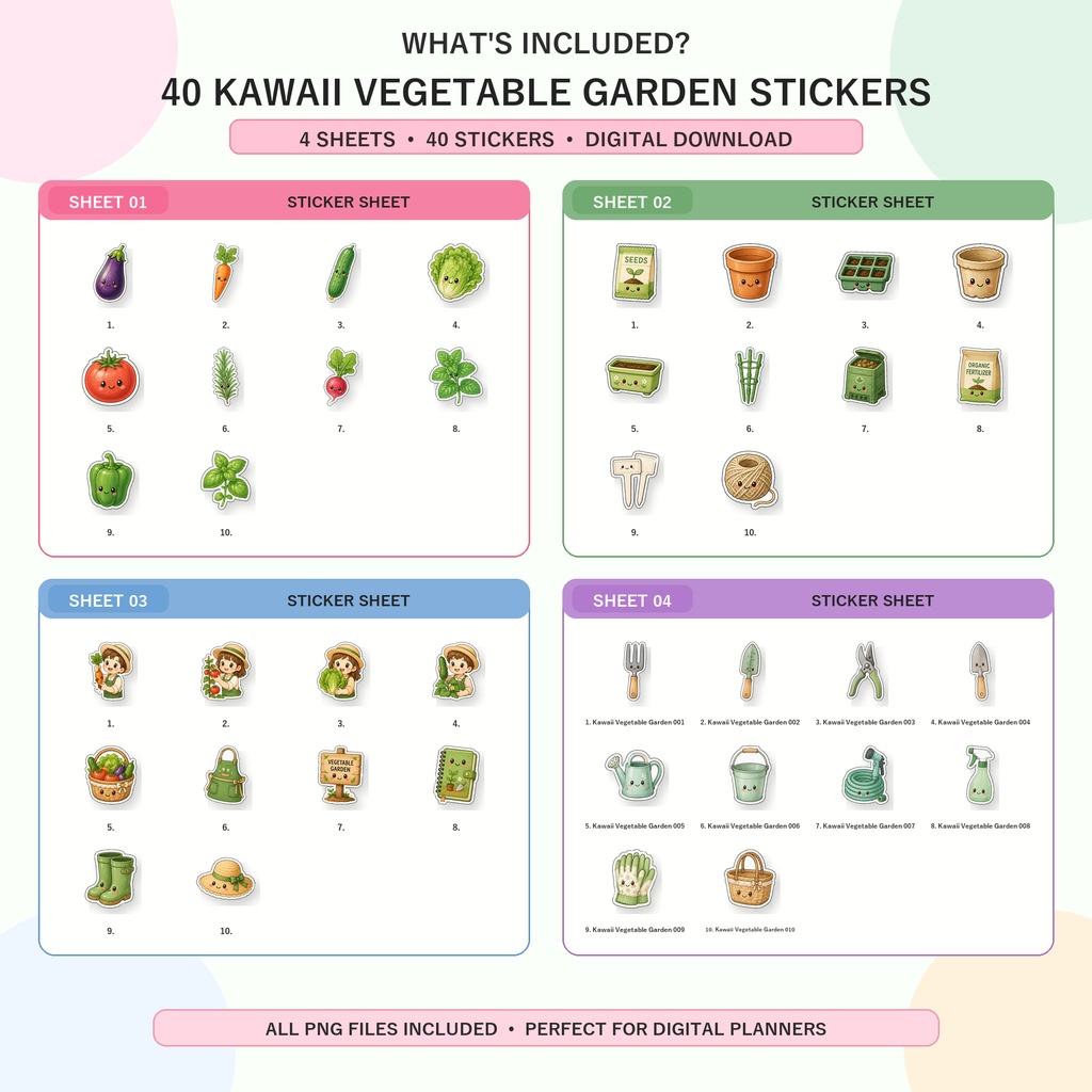家庭菜園デジタルステッカー40枚 ガーデニング 野菜 ハーブ 手帳 PNG GoodNotes Notability対応