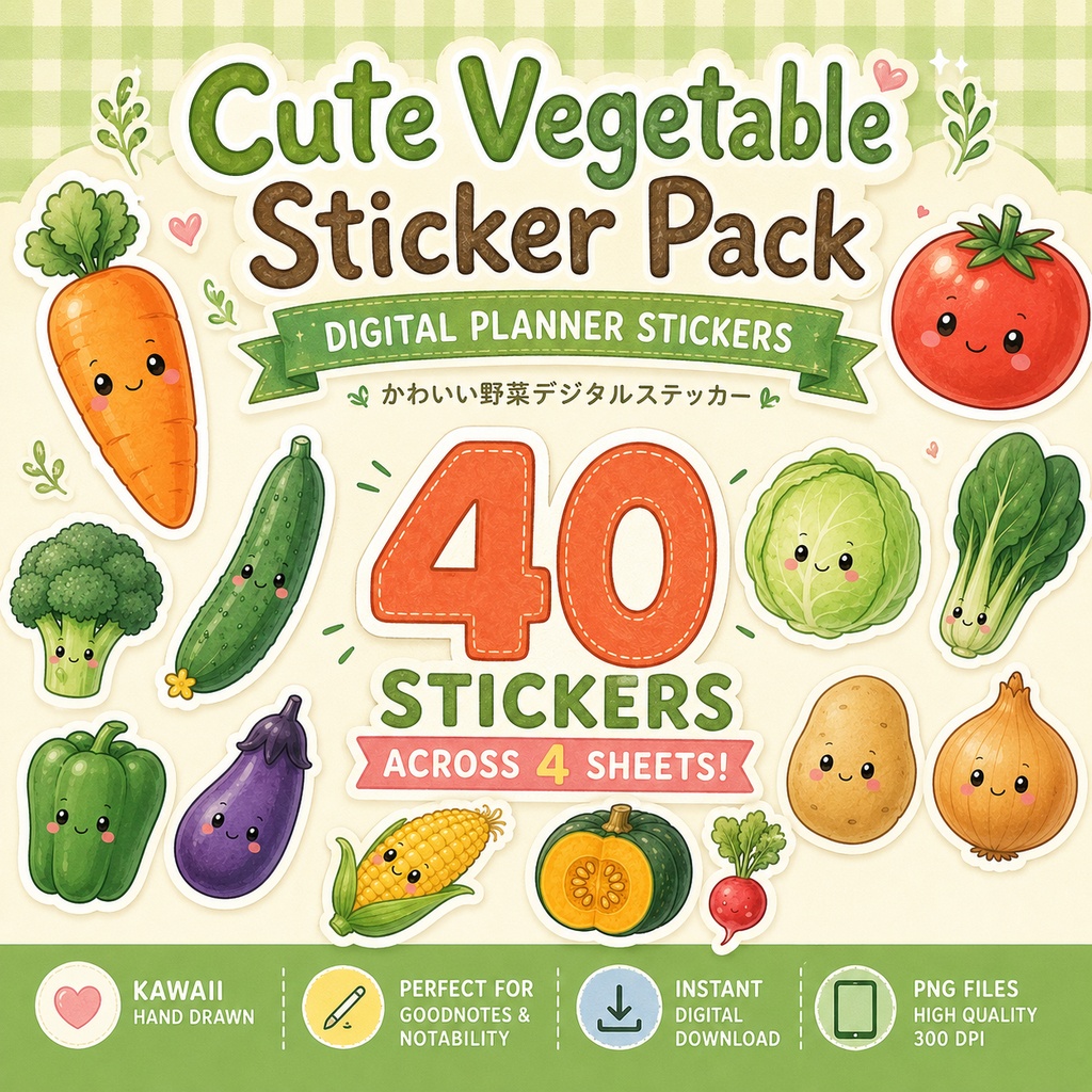 かわいい野菜デジタルステッカー40枚 GoodNotes・Notability対応 PNG ダイカットプランナーステッカー