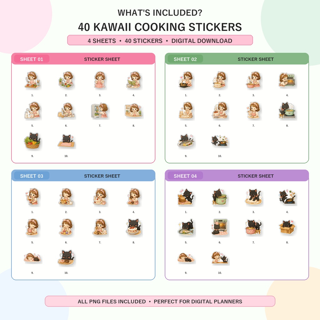 KiKiのお料理タイム デジタルステッカー40枚 黒ねこ GoodNotes Notability対応 PNG 手帳素材