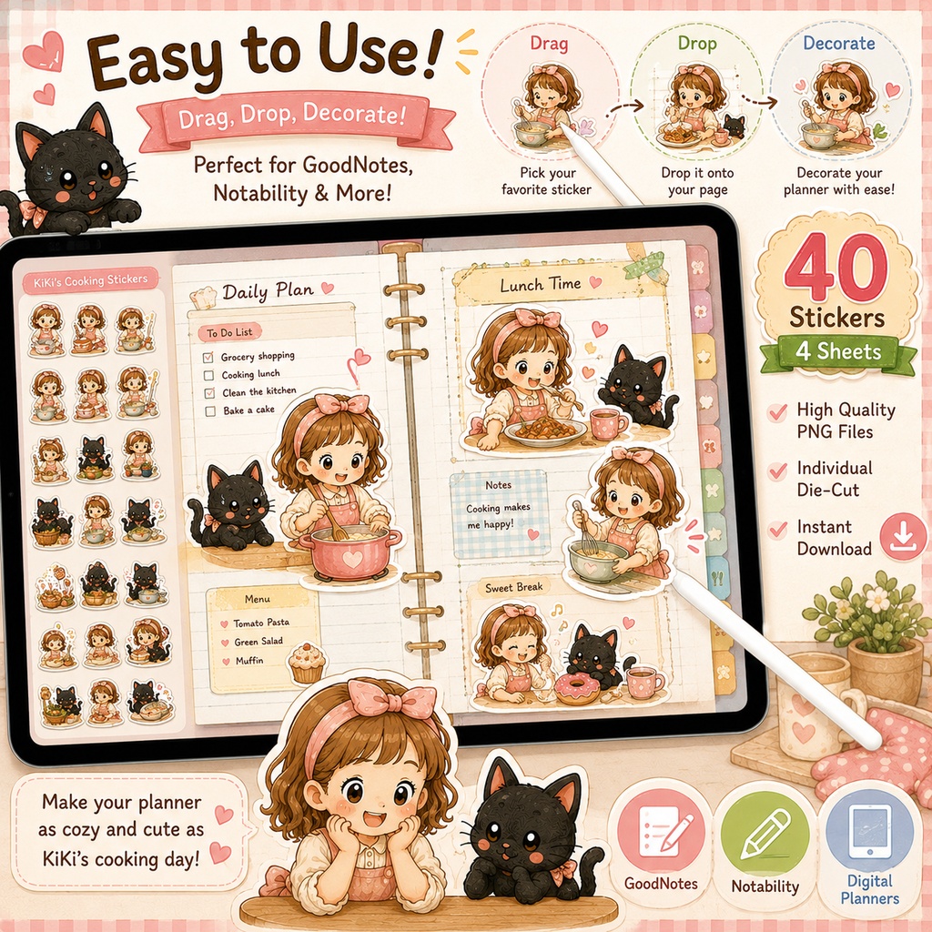 KiKiのお料理タイム デジタルステッカー40枚 黒ねこ GoodNotes Notability対応 PNG 手帳素材