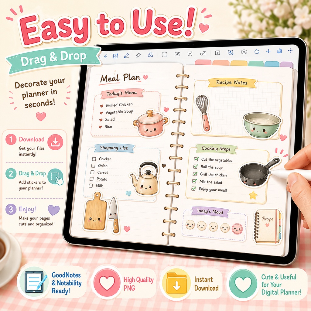 かわいい調理器具デジタルステッカー40枚 キッチンツール PNG GoodNotes Notability 手帳 レシピノート対応