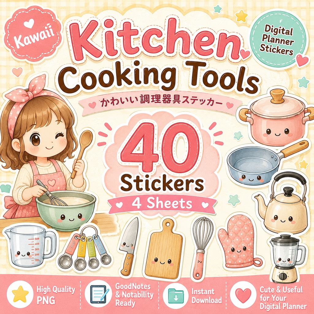かわいい調理器具デジタルステッカー40枚 キッチンツール PNG GoodNotes Notability 手帳 レシピノート対応