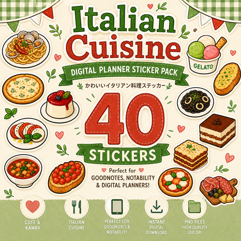 イタリアン料理デジタルステッカー40枚 GoodNotes・Notability対応 PNG かわいいフードプランナーステッカー
