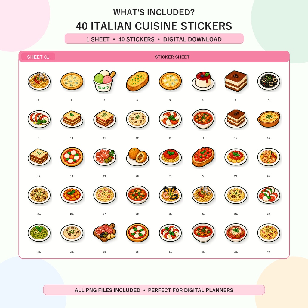 イタリアン料理デジタルステッカー40枚 GoodNotes・Notability対応 PNG かわいいフードプランナーステッカー