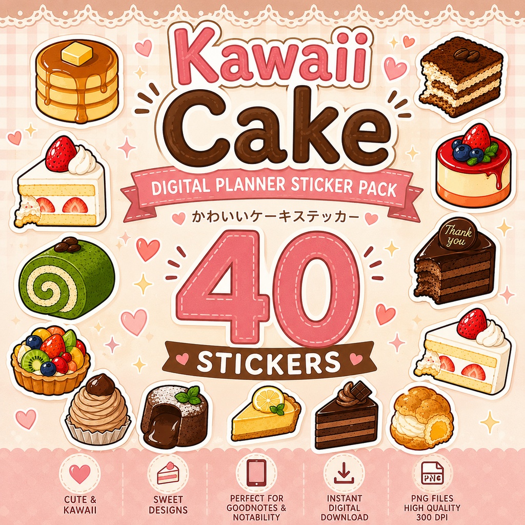 かわいいケーキデジタルステッカー40枚 GoodNotes・Notability対応 PNG スイーツプランナーステッカー