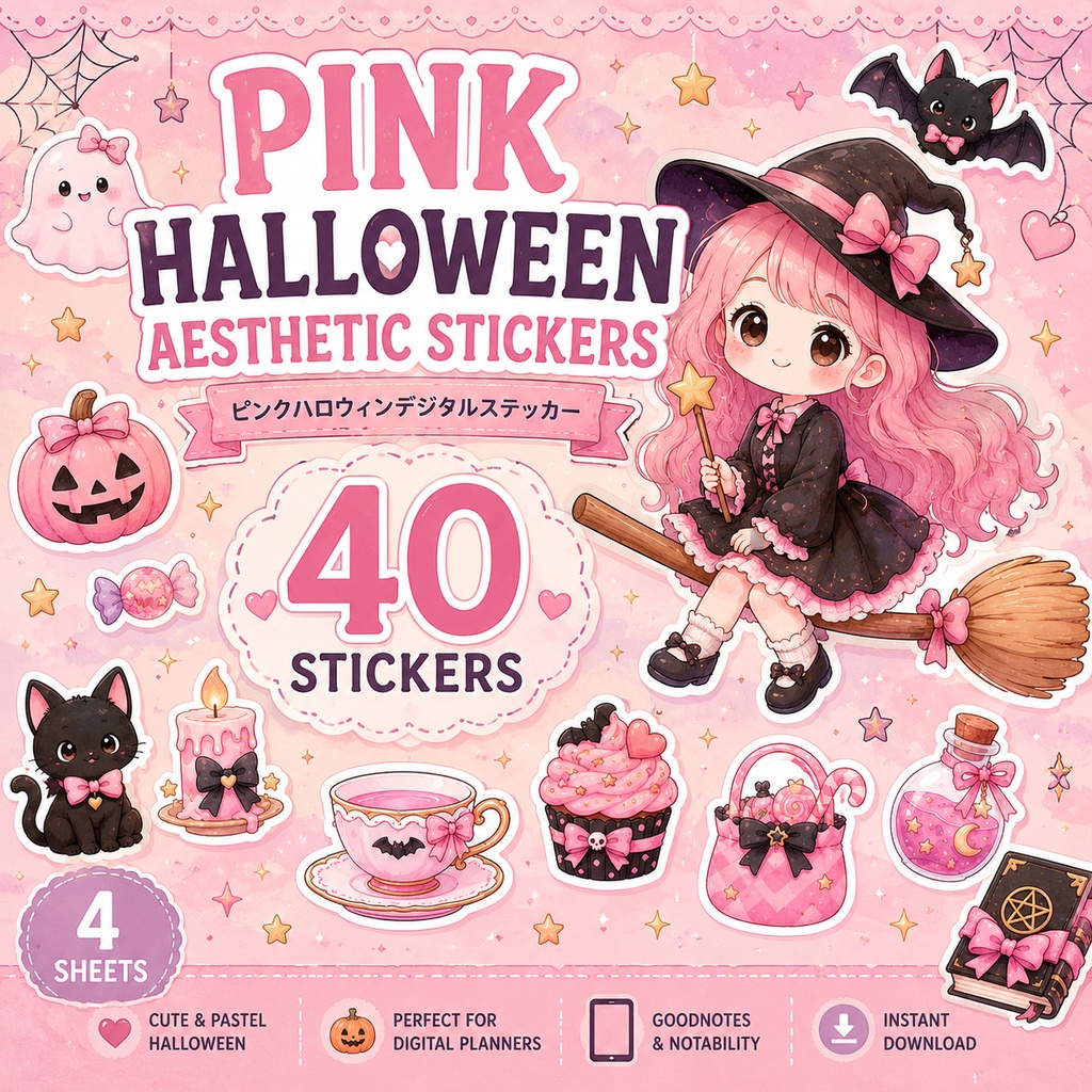 ピンクハロウィンデジタルステッカー40枚セット GoodNotes・Notability対応 パステルかわいい手帳デコ素材