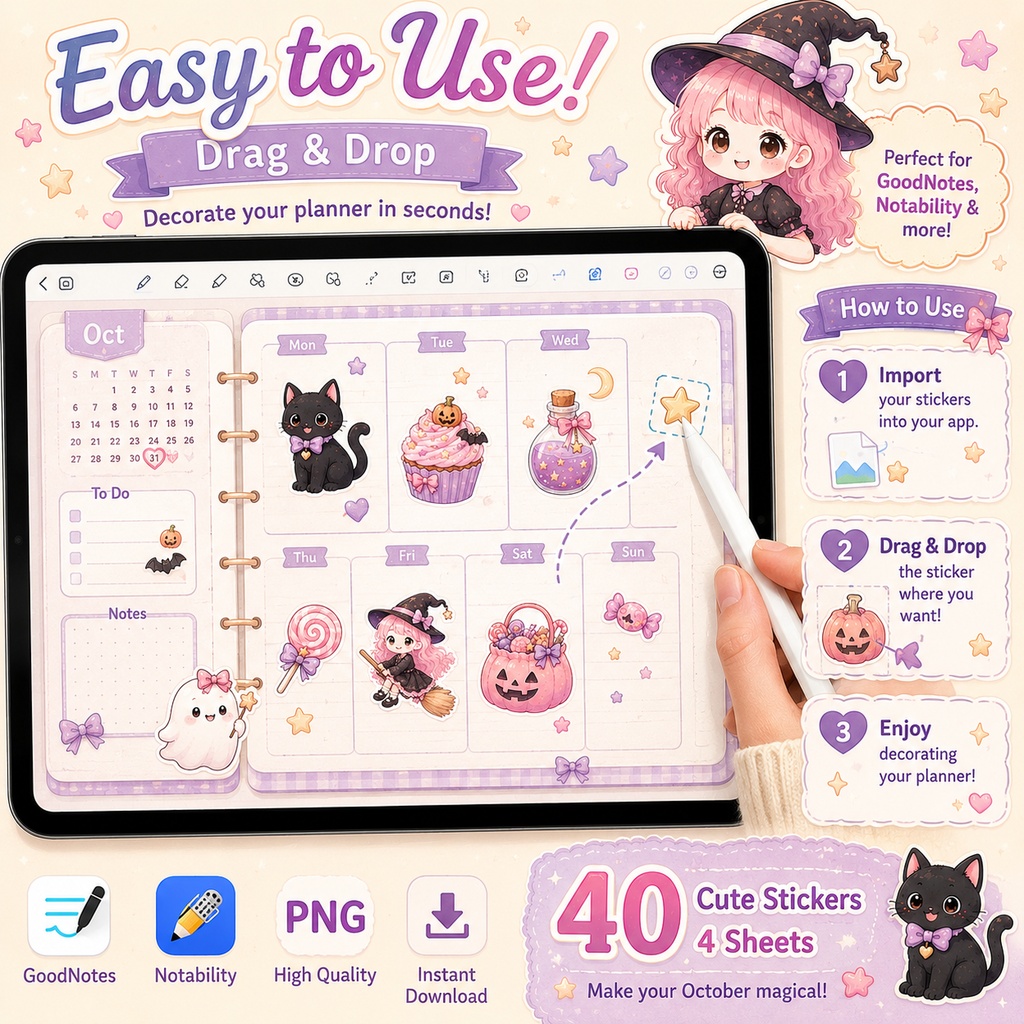 パステルハロウィンデジタルステッカー40枚セット GoodNotes対応 かわいい秋の手帳デコ PNG素材