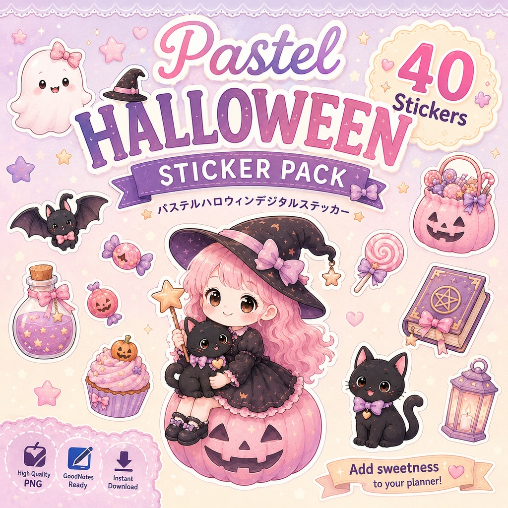 パステルハロウィンデジタルステッカー40枚セット GoodNotes対応 かわいい秋の手帳デコ PNG素材