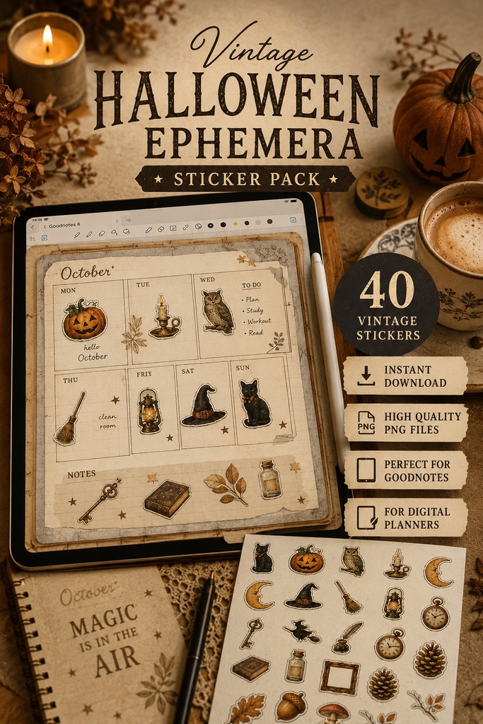 ヴィンテージハロウィン エフェメラ風デジタルステッカー40枚 GoodNotes対応 アンティーク秋コラージュ素材 PNG