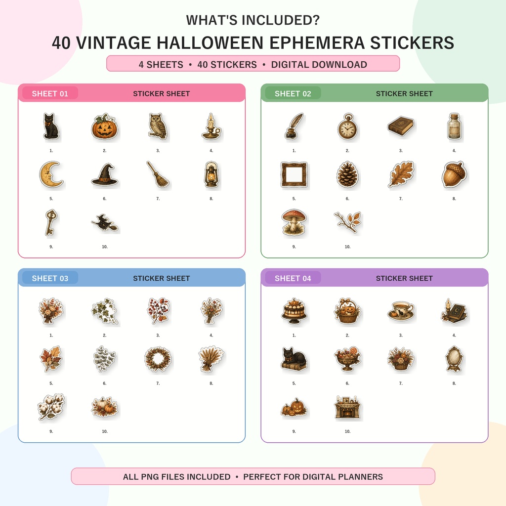 ヴィンテージハロウィン エフェメラ風デジタルステッカー40枚 GoodNotes対応 アンティーク秋コラージュ素材 PNG