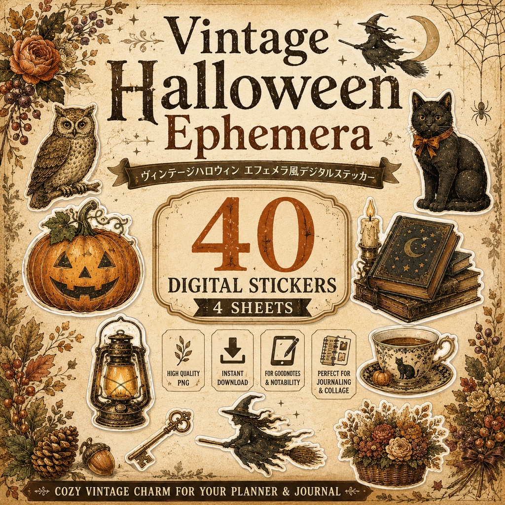 ヴィンテージハロウィン エフェメラ風デジタルステッカー40枚 GoodNotes対応 アンティーク秋コラージュ素材 PNG