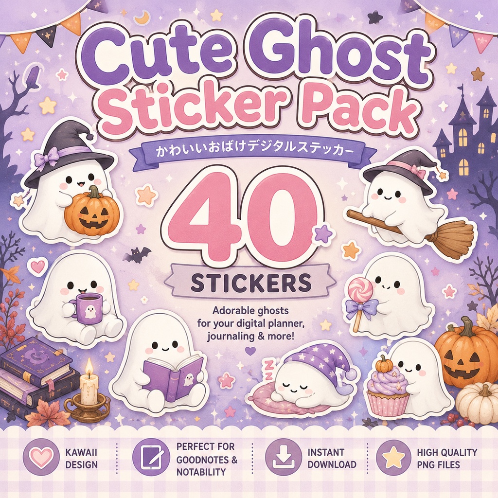 かわいいおばけデジタルステッカー40枚 GoodNotes対応 ハロウィン手帳デコ ジャーナリング PNG素材