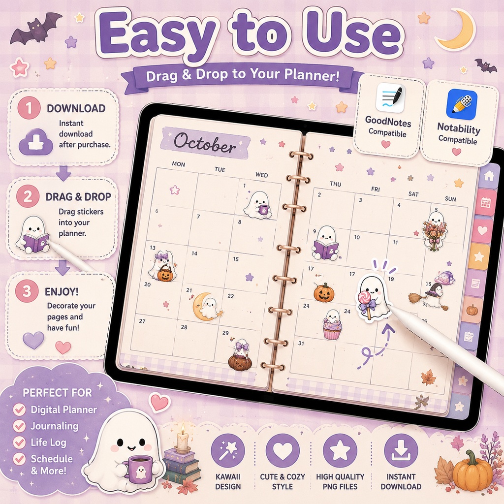 かわいいおばけデジタルステッカー40枚 GoodNotes対応 ハロウィン手帳デコ ジャーナリング PNG素材