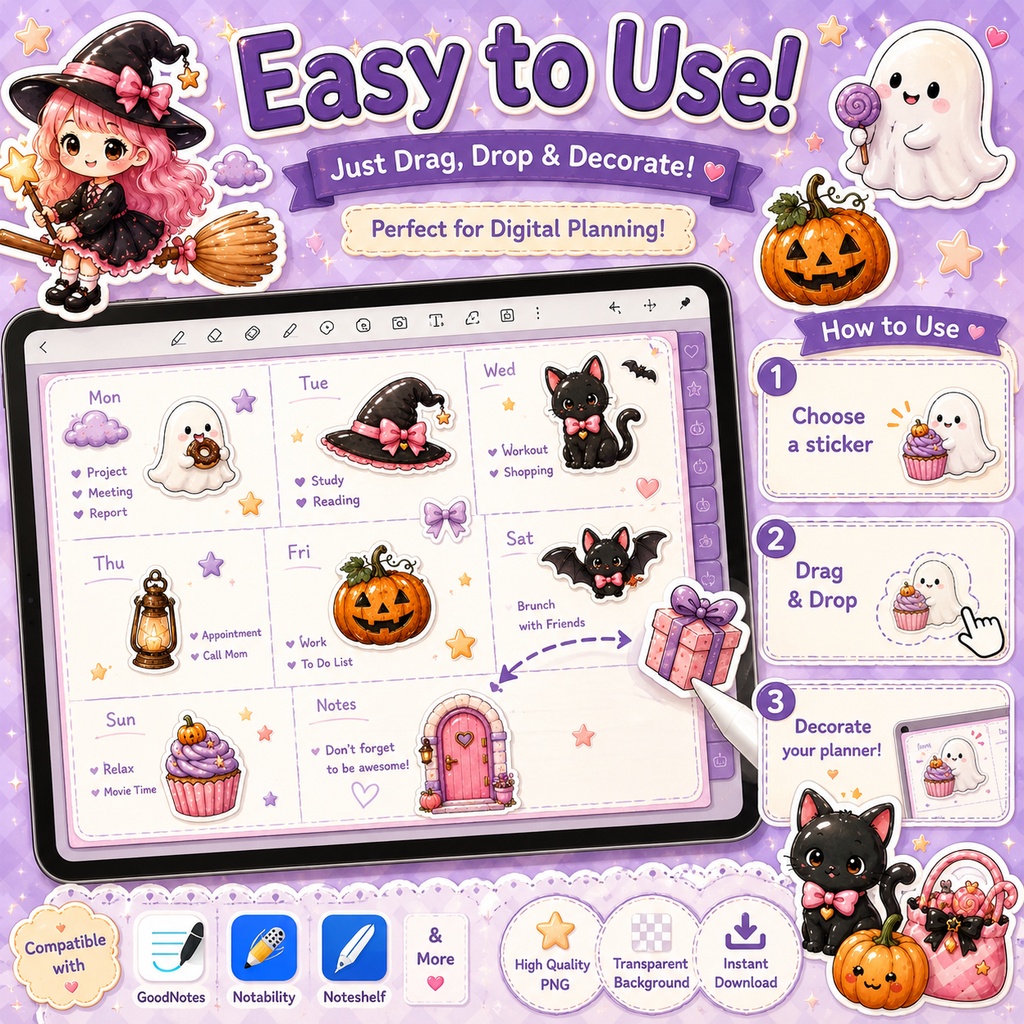 ぷくぷくシール風 ハロウィンデジタルステッカー|かわいいゴースト 魔女 黒猫 パンプキン GoodNotes対応 PNG素材