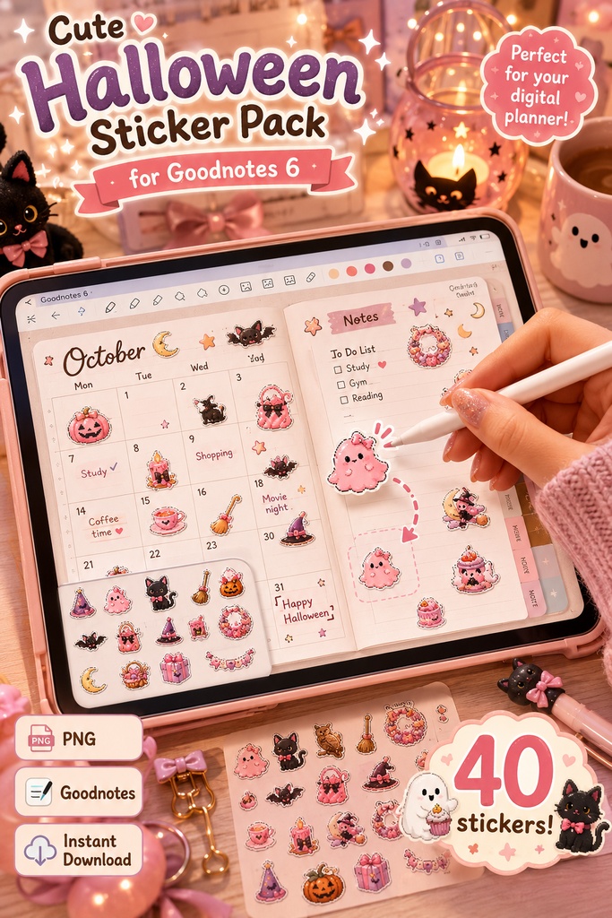 ぷくぷくシール風 ハロウィンデジタルステッカー|かわいいゴースト 魔女 黒猫 パンプキン GoodNotes対応 PNG素材